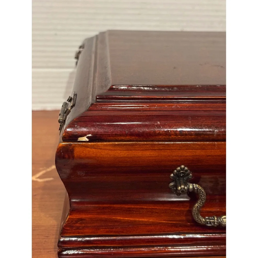 Vintage Wooden Keepsake Jewelry Box Cherry Finish Velvet Lined Brass Latch 11.5
